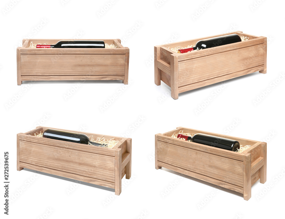 Set of wooden crates with wine on white background