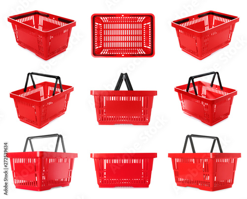 Set of plastic shopping baskets on white background