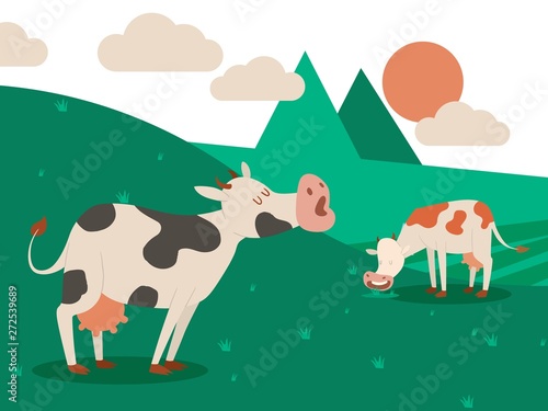 Dairy farm and a herd of cows on a beautiful summer landscape. Cow eating grass. Vector illustration. Domestic animal with small horns and udder for milk production, green meadow with pretty pet.