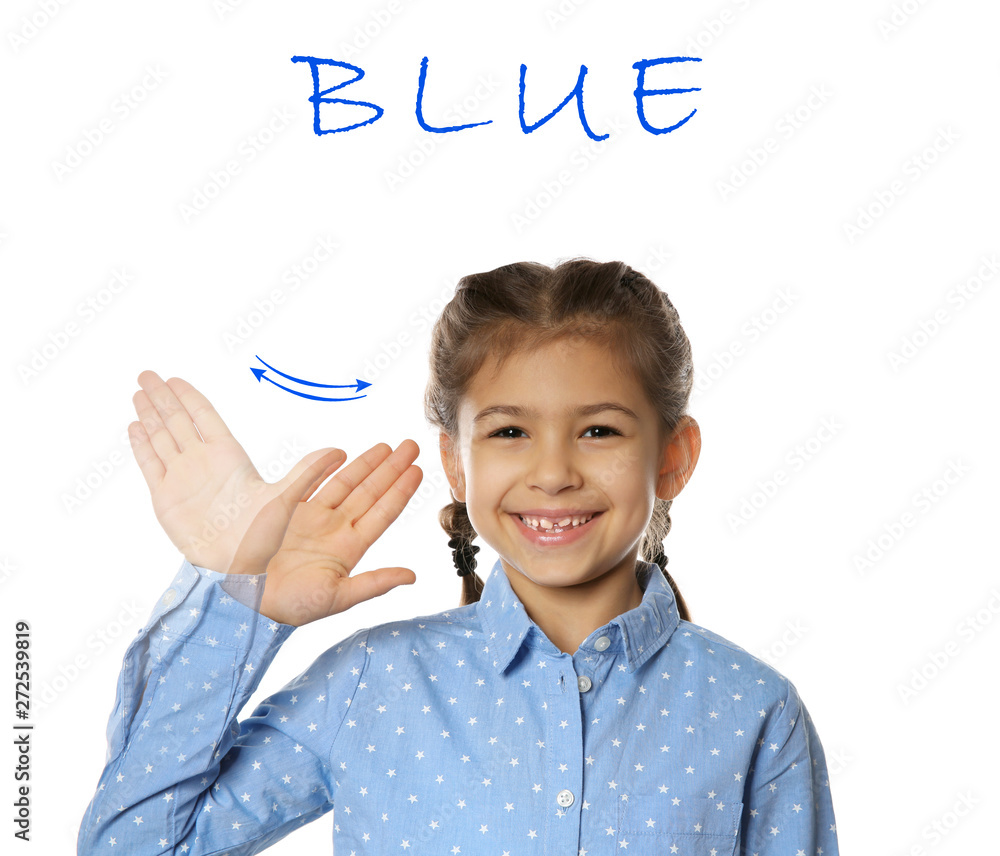 Little girl showing word BLUE on white background. Sign language Little girl showing word BLUE on white background. Sign language