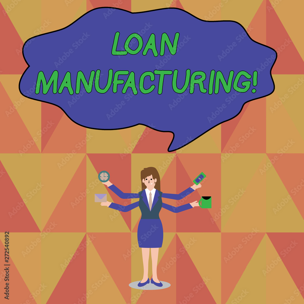 Word writing text Loan Manufacturing. Business photo showcasing Bank Process to check Eligibility of the Borrower Businesswoman with Four Arms Extending Sideways Holding Workers Needed Item Word writing text Loan Manufacturing. Business photo showcasing Bank Process to check Eligibility of the Borrower Businesswoman with Four Arms Extending Sideways Holding Workers Needed Item