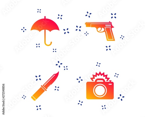Gun weapon icon.Knife, umbrella and photo camera with flash signs. Edged hunting equipment. Prohibition objects. Random dynamic shapes. Gradient gun icon. Vector
