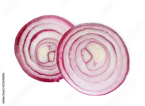 Slices of onion for burger isolated on white, top view