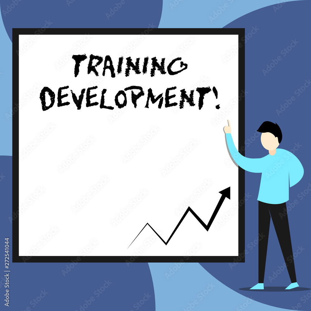 Word writing text Training Development. Business photo showcasing Learn and Expand skills and knowledge Program View young man standing pointing up blank rectangle Geometric background Word writing text Training Development. Business photo showcasing Learn and Expand skills and knowledge Program View young man standing pointing up blank rectangle Geometric background