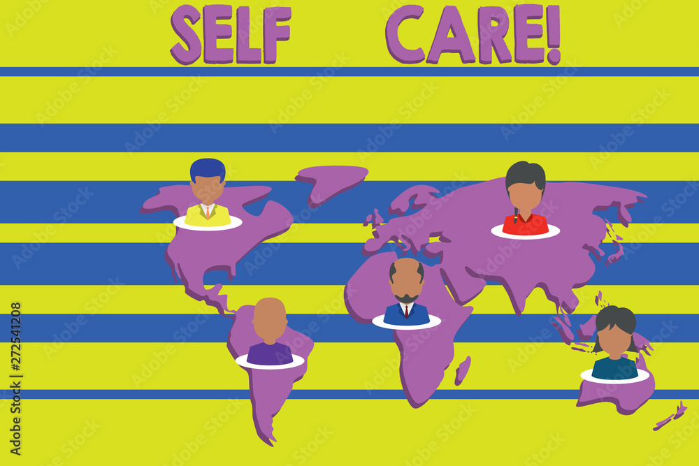 Fototapeta premium Conceptual hand writing showing Self Care. Concept meaning practice of taking action preserve or improve ones own health Connection multiethnic persons all Global business earth map