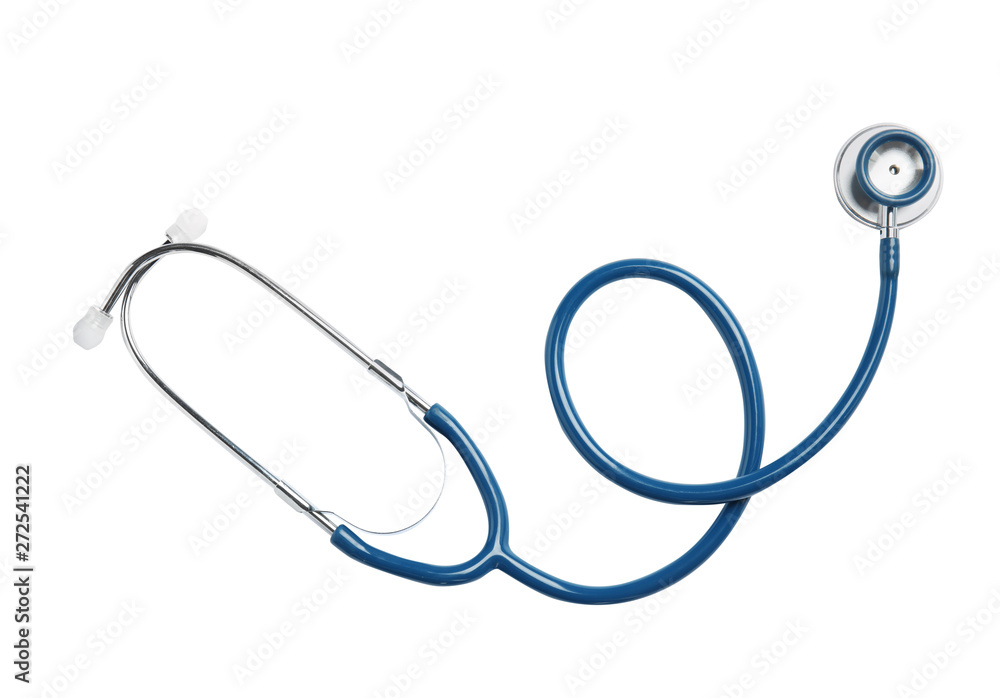 Stethoscope isolated on white, top view. Medical tool Stethoscope isolated on white, top view. Medical tool