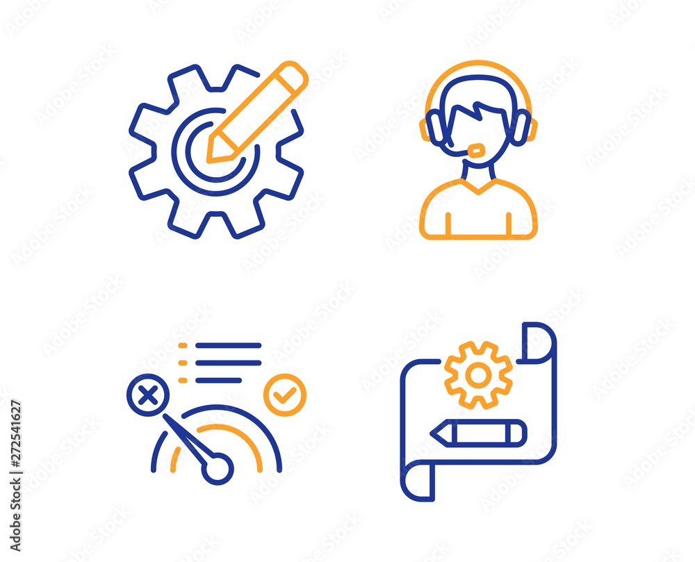 No internet, Consultant and Cogwheel icons simple set. Cogwheel blueprint sign. Bandwidth meter, Call center, Edit settings. Technology set. Linear no internet icon. Colorful design set. Vector