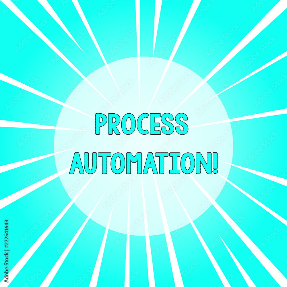 Text sign showing Process Automation. Business photo text Transformation Streamlined Robotic To avoid Redundancy Sunburst Explosion Different Size White Beams Halftone Center Perspective Text sign showing Process Automation. Business photo text Transformation Streamlined Robotic To avoid Redundancy Sunburst Explosion Different Size White Beams Halftone Center Perspective