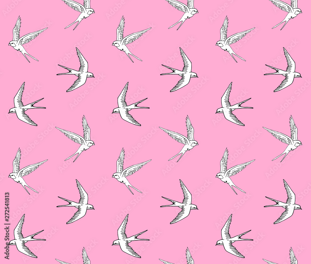 Vector seamless pattern of white hand drawn doodle sketch swallow bird isolated on pastel pink background Vector seamless pattern of white hand drawn doodle sketch swallow bird isolated on pastel pink background