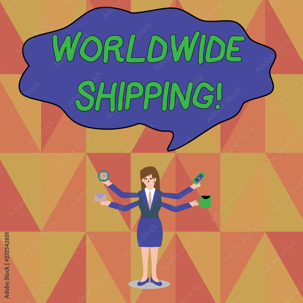 Word writing text Worldwide Shipping. Business photo showcasing Sea Freight Delivery of Goods International Shipment Businesswoman with Four Arms Extending Sideways Holding Workers Needed Item Word writing text Worldwide Shipping. Business photo showcasing Sea Freight Delivery of Goods International Shipment Businesswoman with Four Arms Extending Sideways Holding Workers Needed Item