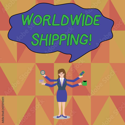 Word writing text Worldwide Shipping. Business photo showcasing Sea Freight Delivery of Goods International Shipment Businesswoman with Four Arms Extending Sideways Holding Workers Needed Item