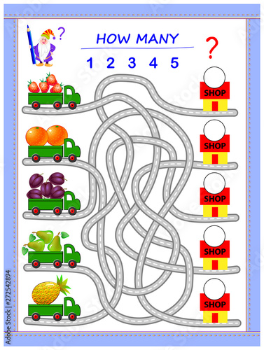 Logic puzzle game for little children. Where do the lorries have to deliver fruits? Count the quantity and write the numbers on shops. Educational page for kids. Printable worksheet for baby book.