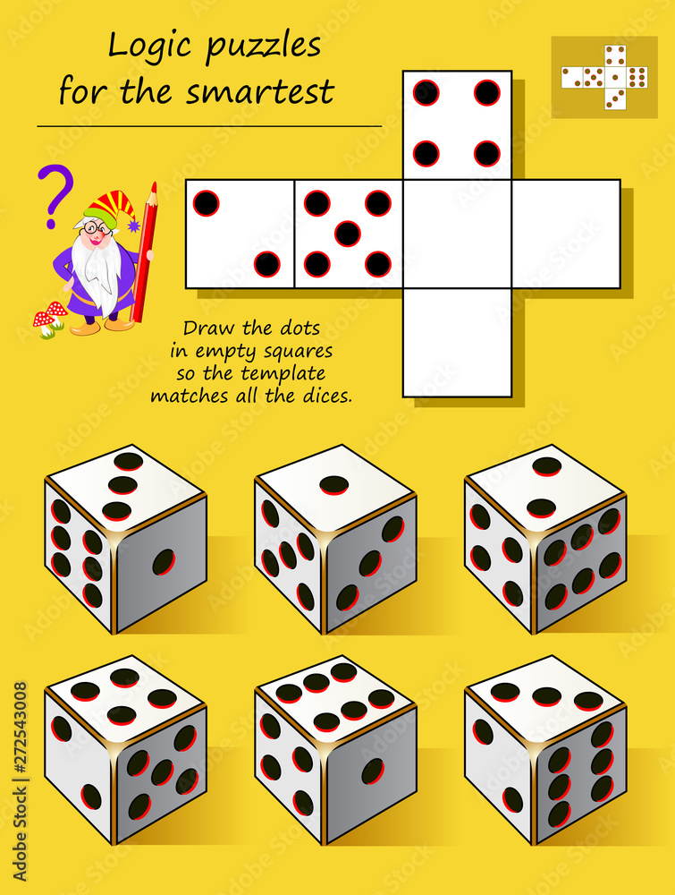 Logic puzzle game for smartest. Draw the dots in empty squares so the  template matches all the dices. Printable page for brainteaser book.  Developing spatial thinking. Vector cartoon image. Stock Vector |