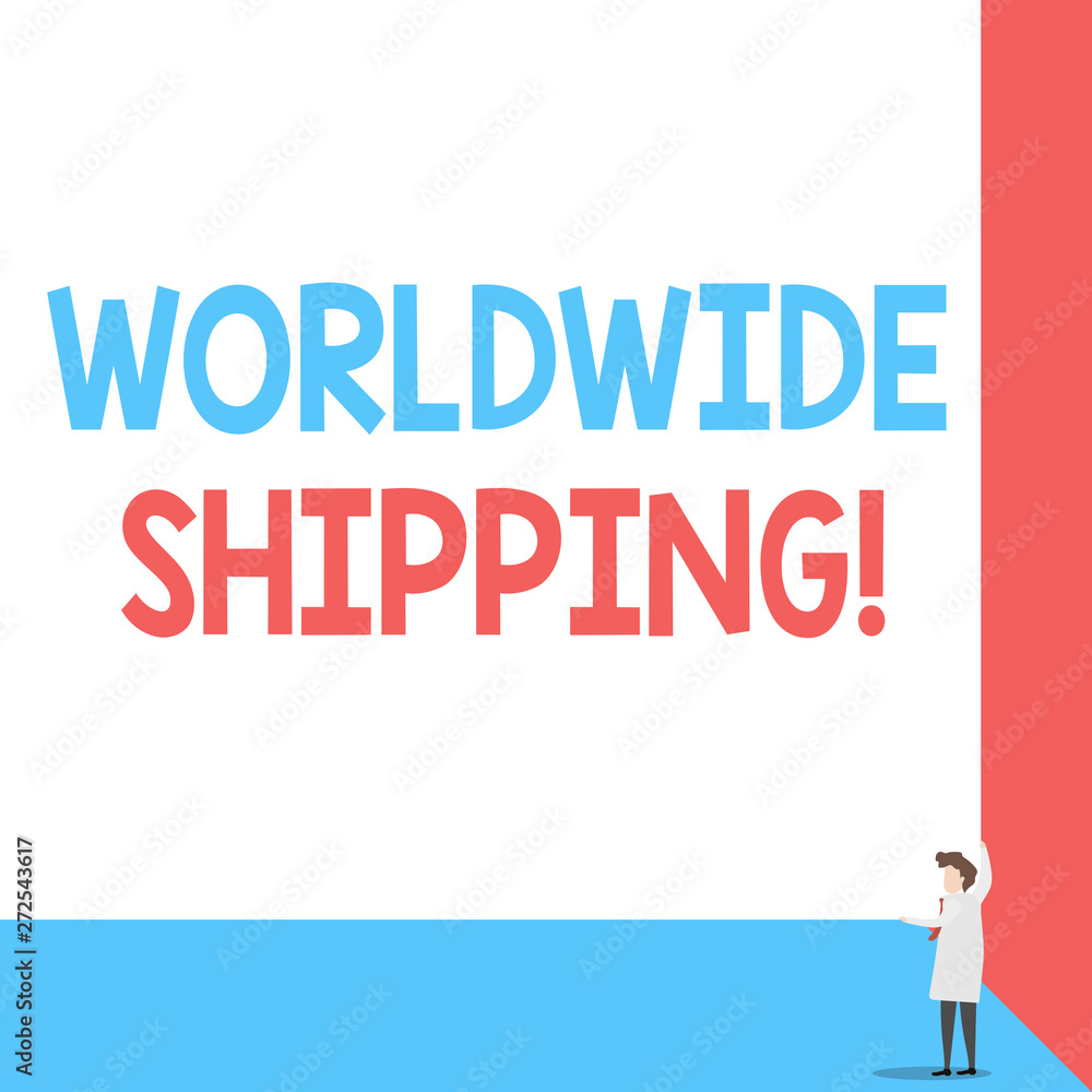 Handwriting text Worldwide Shipping. Conceptual photo Sea Freight Delivery of Goods International Shipment Front view young woman holding two hands right corner big blank rectangle Handwriting text Worldwide Shipping. Conceptual photo Sea Freight Delivery of Goods International Shipment Front view young woman holding two hands right corner big blank rectangle