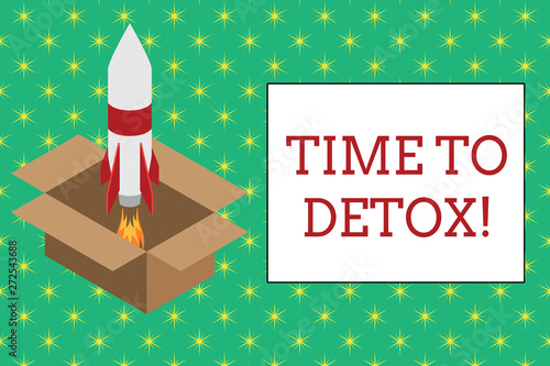 Word writing text Time To Detox. Business photo showcasing when you purify your body of toxins or stop consuming drug Fire launching rocket carton box. Starting up project. Fuel inspiration