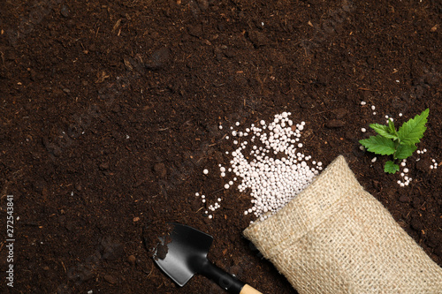 Flat lay composition with plant, fertilizer and shovel on soil, space for text. Gardening time