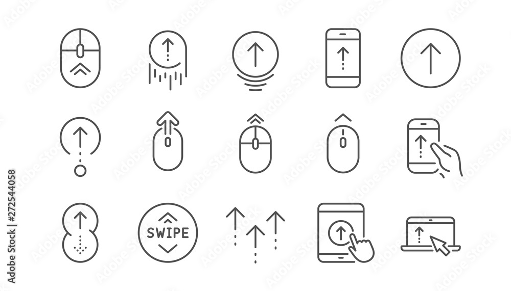 Swipe up line icons. Scrolling mouse, landing page swipe signs. Scroll up mobile device technology icons. Website scroll navigation. Linear set. Vector Swipe up line icons. Scrolling mouse, landing page swipe signs. Scroll up mobile device technology icons. Website scroll navigation. Linear set. Vector