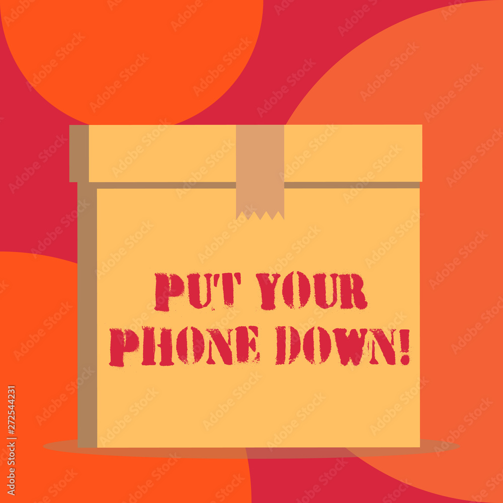 Text sign showing Put Your Phone Down. Business photo showcasing end telephone connection saying goodbye caller Close up front view open brown cardboard sealed box lid. Blank background Text sign showing Put Your Phone Down. Business photo showcasing end telephone connection saying goodbye caller Close up front view open brown cardboard sealed box lid. Blank background