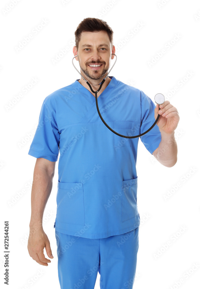 Portrait of male doctor in scrubs with stethoscope isolated on white. Medical staff Portrait of male doctor in scrubs with stethoscope isolated on white. Medical staff