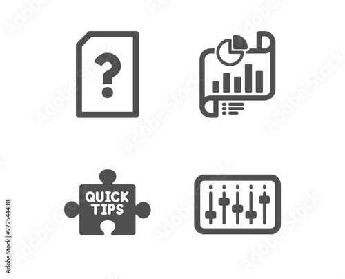 Set of Unknown file, Report document and Quick tips icons. Dj controller sign. Doc with question mark, Growth chart, Tutorials. Musical device.  Classic design unknown file icon. Flat design. Vector