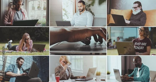 Multiscreen showcase of mixed race people working on laptop, remote freelance connection concept