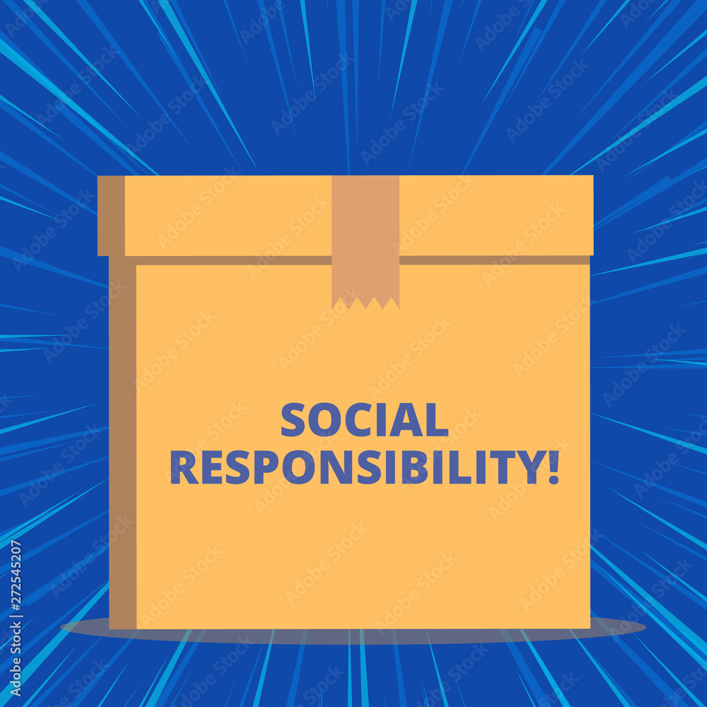 Writing note showing Social Responsibility. Business concept for Obligation for the Benefit of Society Balance in life Close up front view brown cardboard sealed box lid. Blank background Writing note showing Social Responsibility. Business concept for Obligation for the Benefit of Society Balance in life Close up front view brown cardboard sealed box lid. Blank background