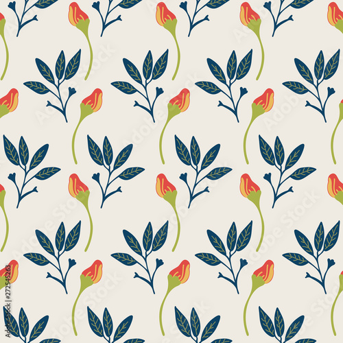 Pretty floral seamless pattern design with flower buds and green leaves. Modern illustration with a vintage botanical feel. Great for textiles, fashion, wallpaper, product packaging and stationery.