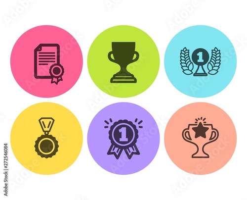 Laureate award, Certificate and Reward icons simple set. Award cup, Medal and Victory signs. Prize, Diploma. Sports set. Flat laureate award icon. Circle button. Vector