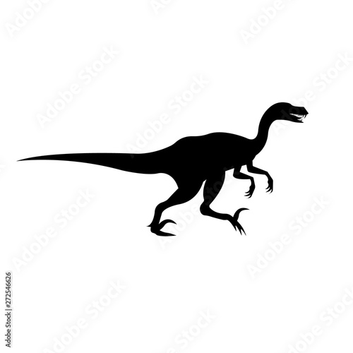 Vector flat black silhouette of velociraptor dinosaur isolated on white background