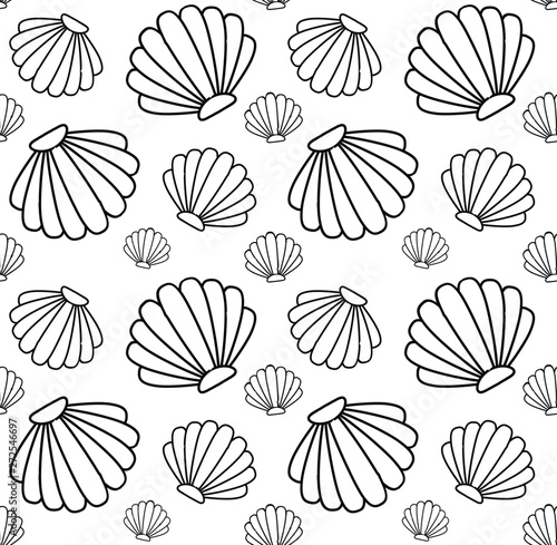 Vector seamless pattern of black line shell isolated on white background 