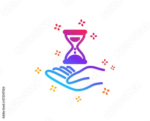 Time hourglass in hand icon. Sand watch sign. Dynamic shapes. Gradient design time hourglass icon. Classic style. Vector