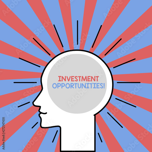 Text sign showing Investment Opportunities. Business photo showcasing a Purchase that has a chance to Gain Value Outline Silhouette Human Head Surrounded by Light Rays Blank Text Space