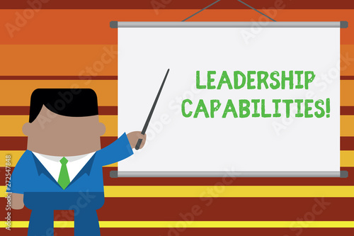 Word writing text Leadership Capabilities. Business photo showcasing Set of Perforanalysisce Expectations a Leader Competency Businessman standing in front projector screen pointing project idea photo