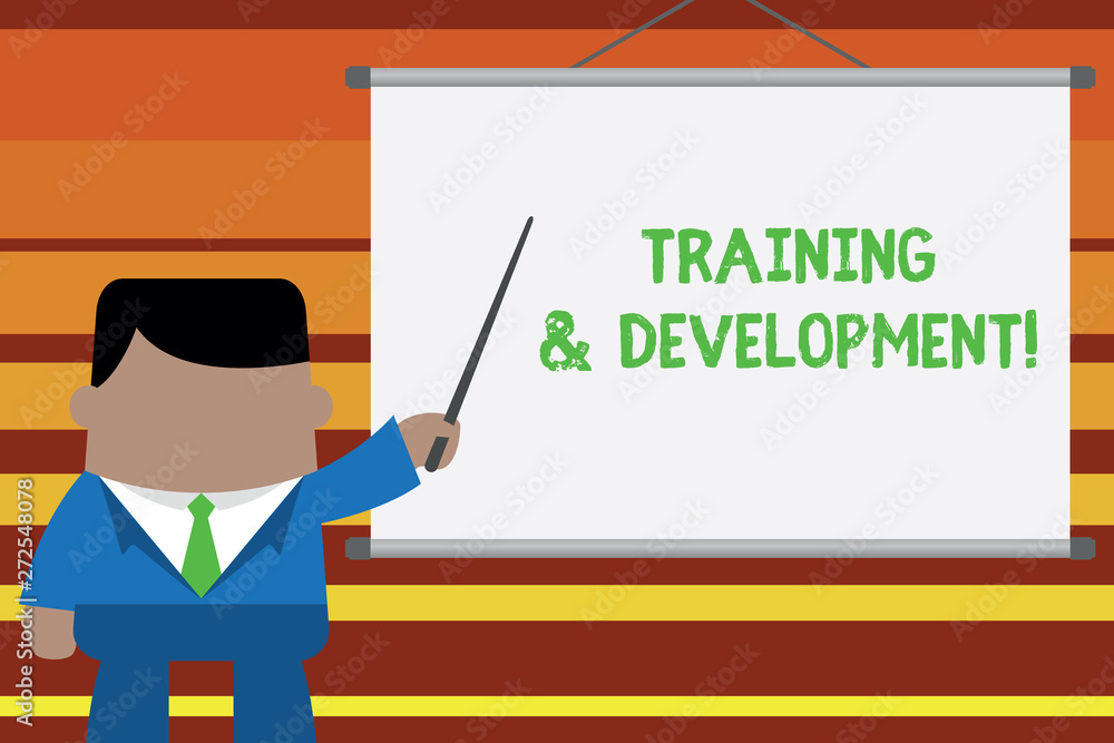 Word writing text Training And Development. Business photo showcasing Organize Additional Learning expedite Skills Businessman standing in front projector screen pointing project idea Word writing text Training And Development. Business photo showcasing Organize Additional Learning expedite Skills Businessman standing in front projector screen pointing project idea