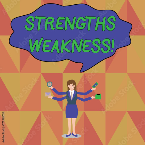 Word writing text Strengths Weakness. Business photo showcasing Opportunity and Threat Analysis Positive and Negative Businesswoman with Four Arms Extending Sideways Holding Workers Needed Item