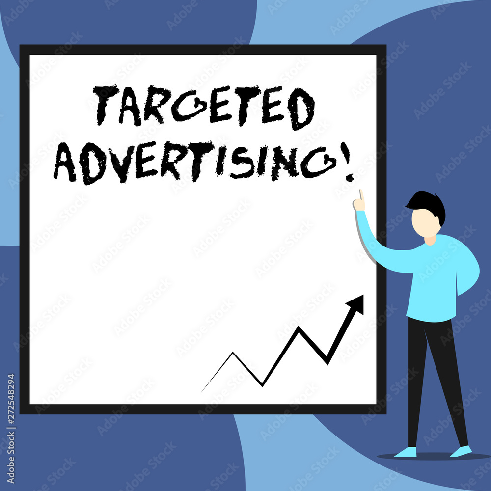 Word writing text Targeted Advertising. Business photo showcasing Online Advertisement Ads based on consumer activity View young man standing pointing up blank rectangle Geometric background