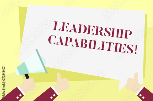 Word writing text Leadership Capabilities. Business photo showcasing Set of Perforanalysisce Expectations a Leader Competency Hand Holding Megaphone and Other Two Gesturing Thumbs Up with Text Balloon photo