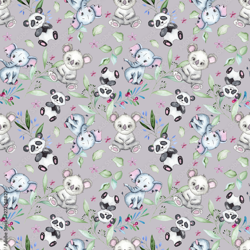 Fototapeta premium Hand-drawn watercolor children’s animals seamless patterns with cute lion, giraffe, elephant, Rhino, monkey, Zebra, crocodile, iguana, wombat, Panda, Koala 