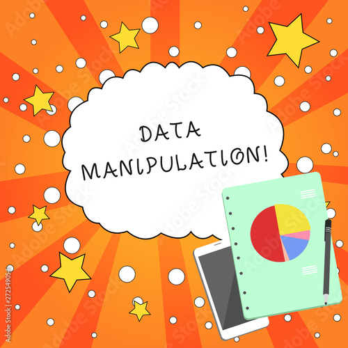 Writing note showing Data Manipulation. Business concept for the process of changing data to make it easier to read Layout Smartphone Off Ballpoint Notepad Business Pie Chart photo