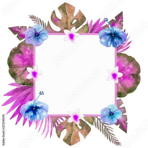 Watercolor frame of colorful tropical leaves. For invitations  greeting cards and Wallpapers. blue tone