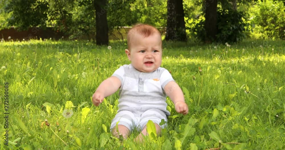 Baby toddler boy ia angry and start crying while sitting in the green grass outdoors. Baby toddler boy ia angry and start crying while sitting in the green grass outdoors.