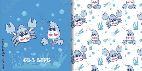 Hand drawn sea life with seamless pattern.