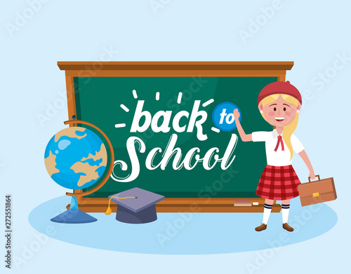 girl student with suitcase and blackboard with graduation cap