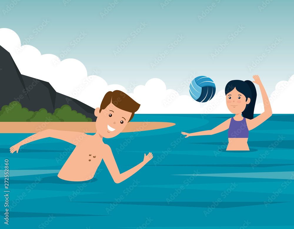 girl and boy training volleyball in the water girl and boy training volleyball in the water