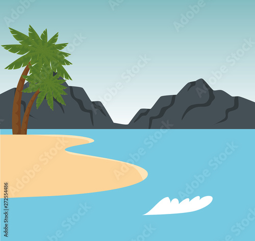 nature beach with palms tree and mountains