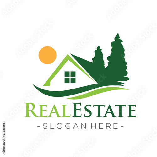 Real Estate, Green House, Forest home Logo Vector