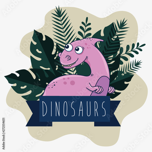 parasaurolophus wild dinosaur and leaves branches plants with ribbon
