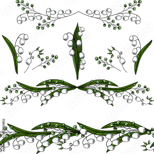 lily of the valley vector set:  seamless pattern with lilies, frame,  lily of the valley vector isolated elements on a white background