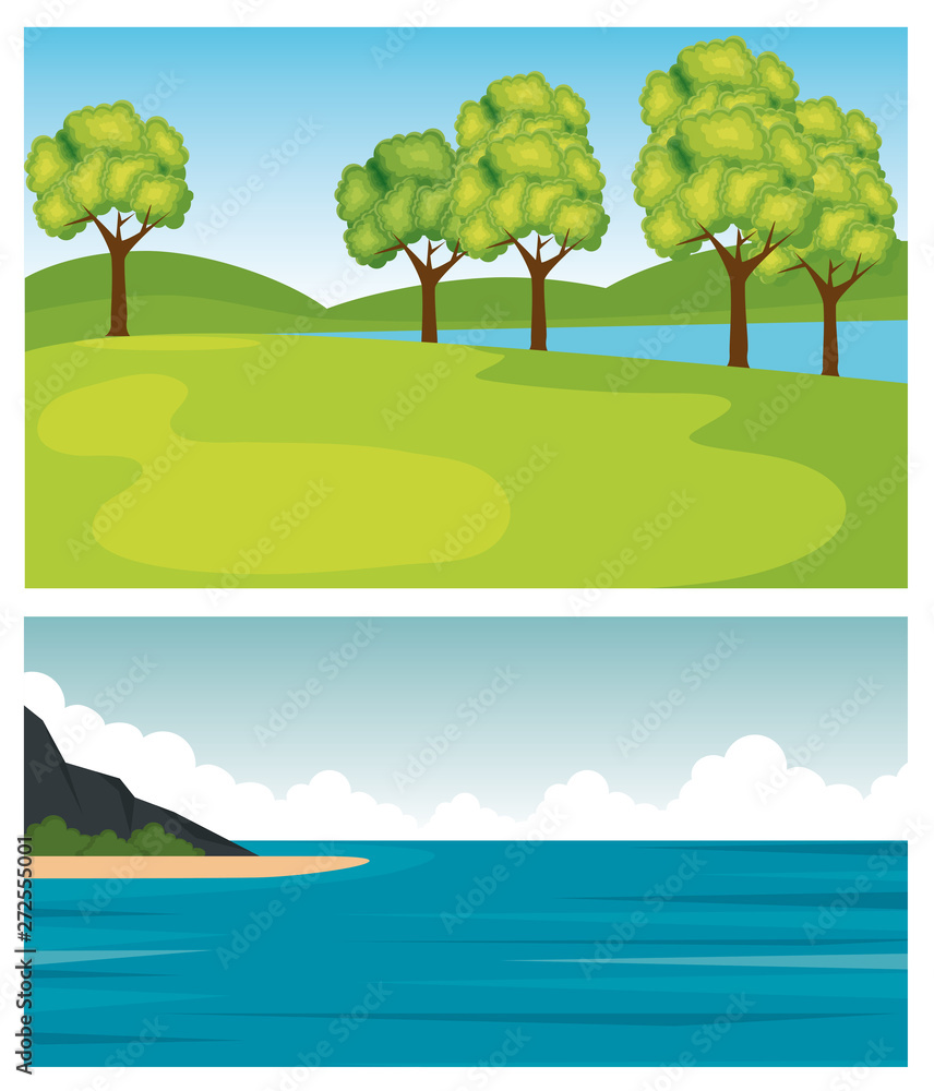 set of nature trees with mountains and bushes plants