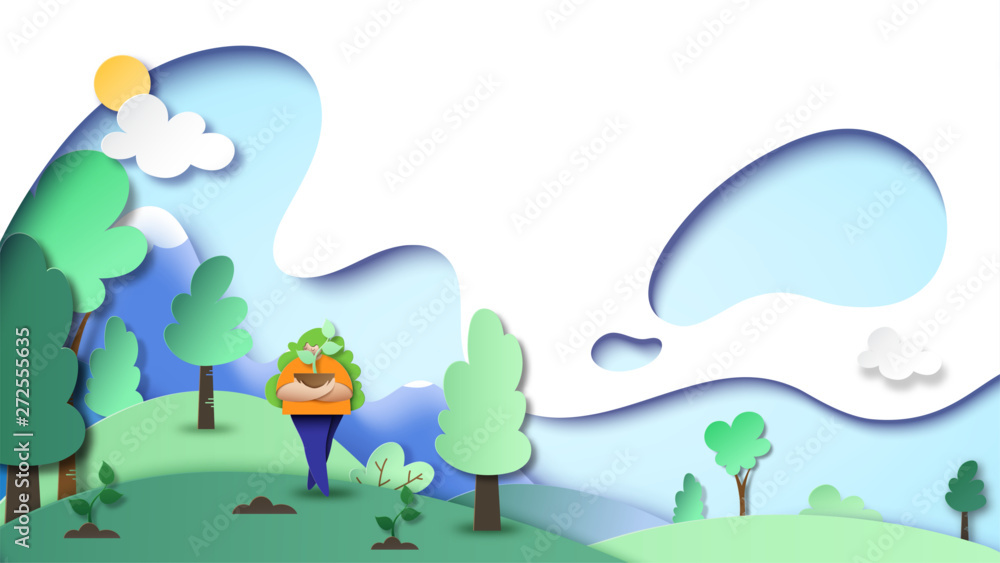 Papaer art of nature concept with woman planting tree.Landscape template background of environment and ecology conservation.Vector illustration. Papaer art of nature concept with woman planting tree.Landscape template background of environment and ecology conservation.Vector illustration.